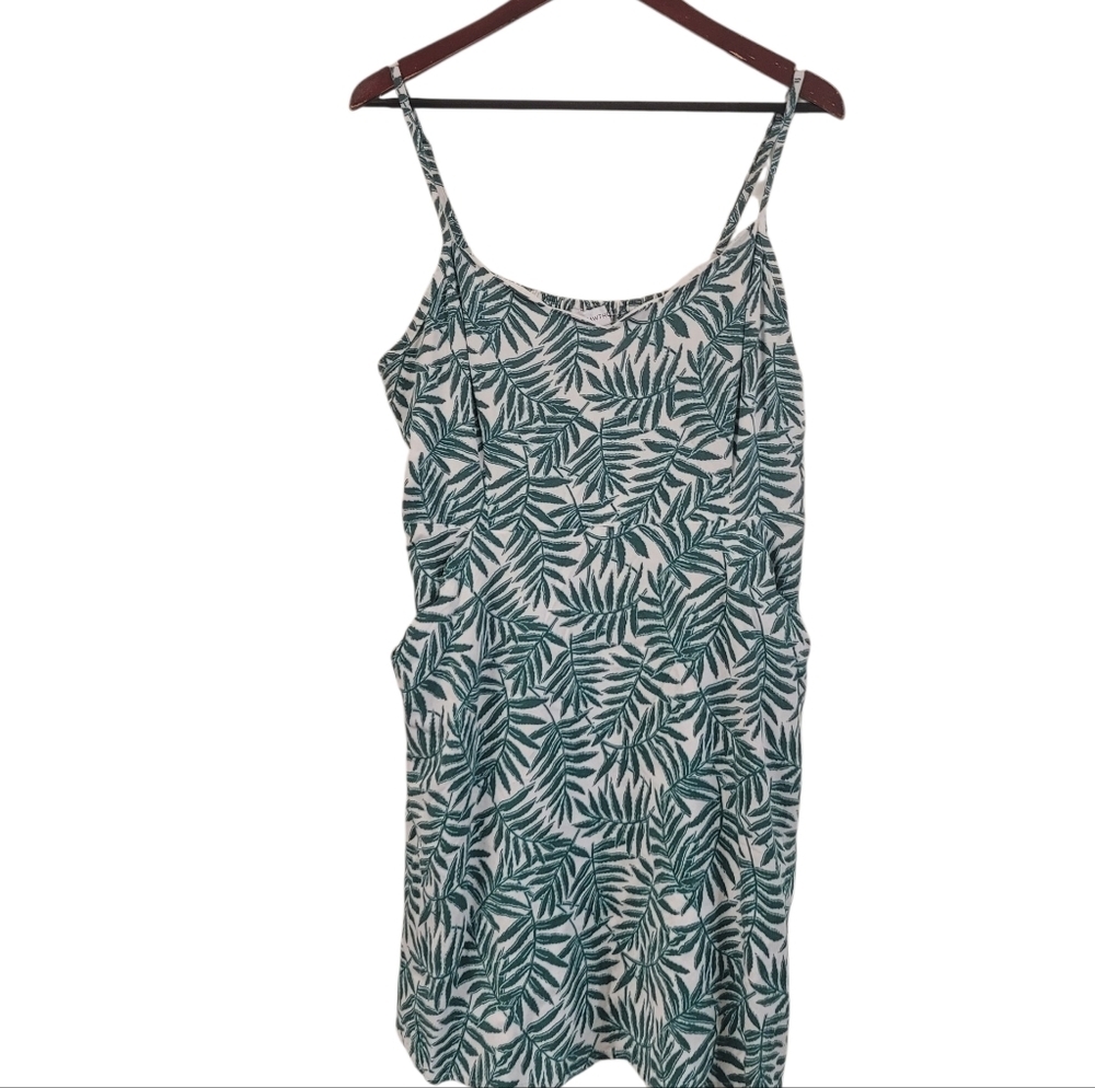 41 Hawthorne XL Petite Dress Pockets Green White Palm Leaf Tropical Smocked